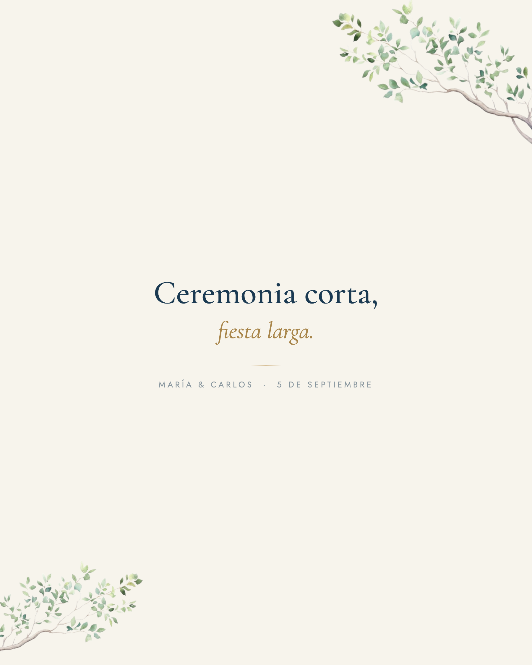 Frase divertida de invitación de boda informal en un diseño botánico de Qelebra
