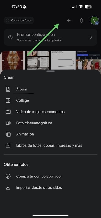 Crear un álbum desde la app de Google Fotos en el móvil